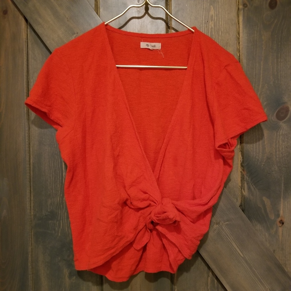 Madewell Texture & Thread Wrap Top Side Tie Red XL - Picture 3 of 6